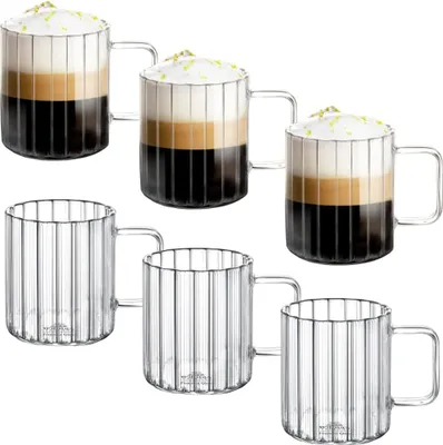 Produktbild von Wilmax Thermogläser mit Henkel - 6er Set - 300 ml - Geriffelte Glasgläser für Wasser, Tee, Kaffee - Becher für heiße und kalte Getränke
