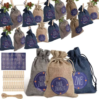 Produktbild von Jayseuw Adventskalender zum Befüllen 2025, 24 Stück Weihnachtskalender, Weihnachtsdeko Säckchen/Tüten, Säckchen DIY Weihnachtsdeko,Blau/weiß/grau