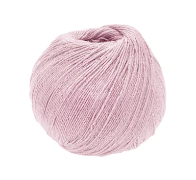 A ball of pink yarn on a white background.