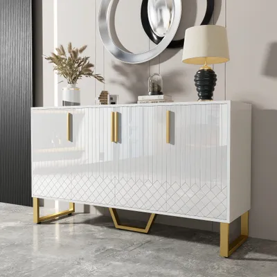 Produktbild von CDGlobal Kommode Hochglanz-Sideboard, 4 Türen, Metallgriffe und -beine, geometrisches Design in Weiß, 140cmLx 40cmBx 80cmH