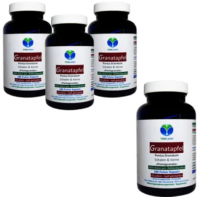 Produktbild von Granatapfel 720 (4x180) Kapseln Antioxidans Ellagsäuren MultiVitamin MultiMineral SUPERFOOD für Durchblutung + Wechseljahre + Hitzewallungen NATUR Pur
