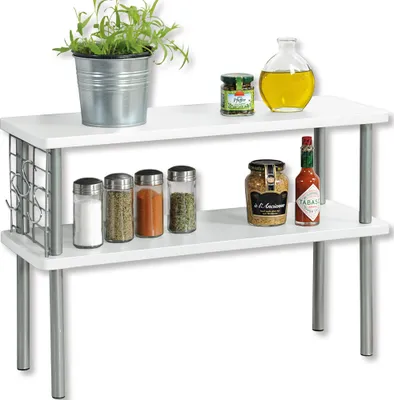 Produktbild von KESPER Küchenregal 2 Ebenen weiß – 55 x 20 x 38 cm –  Holz – mit Drahtgitter & 3 Haken – ideal für Gewürze & Küchenutensilien – Modell 27836