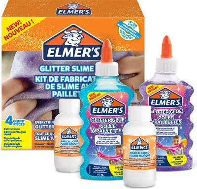 Produktbild von Elmer’s Glitzer-Slime-Set | mit Glitzerkleber in Violett & Blau + 2 Flaschen magischer Schleim-Aktivator-Lösung | 4-teiliges Kit