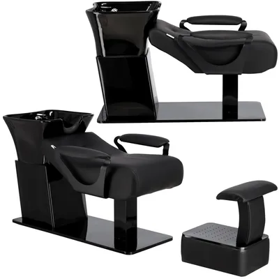 Image de Bac à shampoing professionnel inclinable Nina avec cuvette céramique basculante, mitigeur et douchette pour salons de coiffure et barbiers