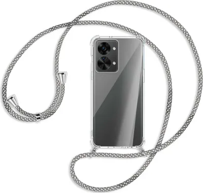 Produktbild von Handykette Backcover-Schutzhülle mit Band (Metall silberfarben) für OnePlus Nord 2T (CPH2399, 6.43'') - weiß/grau kariert