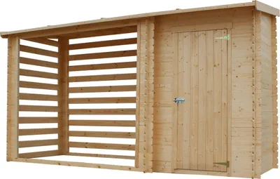 Produktbild von Kaminholzunterstand mit Schrank - 332 x 118 x 199 cm (L x B x H) aus 19 mm Blockbohlen - inkl. Dachpappe