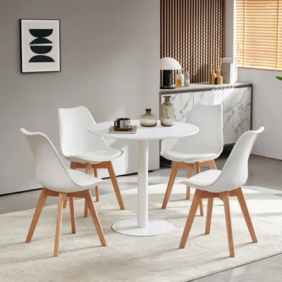 Obrázek produktu pro HJ_WeDoo jídelní stůl kulatý bílý se 4 jídelními židlemi bílé barvy, skandinávský jídelní set 80x80x73cm pro jídelní set do jídelny