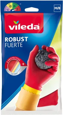 A Vileda glove packaging with a hand wearing a red glove holding a scrubbing ball.