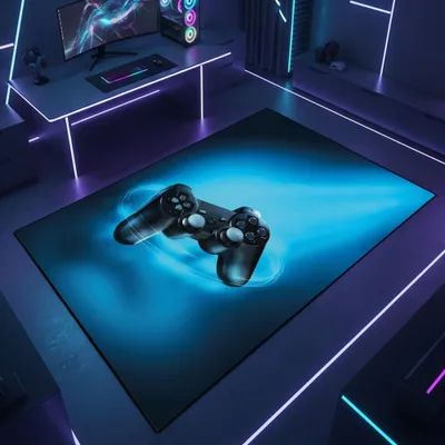 Produktbild von Gaming Teppich mit Joystick und blauem Neon-Strahl Größe - 100 x 150 cm