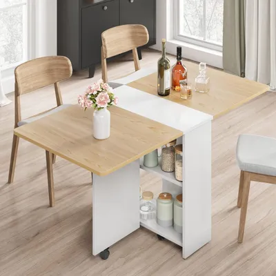 Produktbild von Esstisch Klappbar mit Ablagen und Rollen 120x60x75 cm Naturholzfarbe