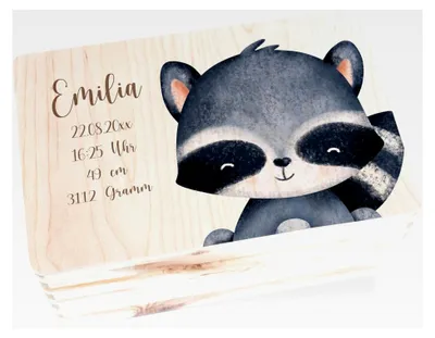 Produktbild von Erinnerungsbox aus Holz für Babys - Holzbox mit Waschbärmotiv - 30 x 20 x 14 cm