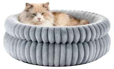 Produktbild von Katzenbett, Waschbar, Flauschig, Rund, Zweiseitig, Innenkissen, Katzenkörbchen mit Rutschfester Basis für Katzen und kleine Hunde (51x51x20cm, Grau)