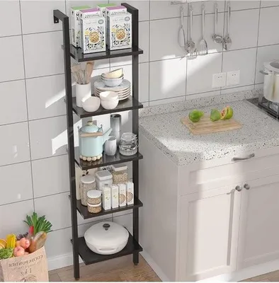 Immagine prodotto di YOLO SHOP® Libreria con scala e 5 livelli - Struttura in metallo - Montaggio a parete - Per libri, decorazioni, piante - Per il soggiorno - Nero