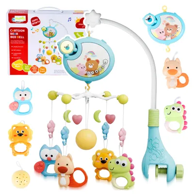 Image de Mobile musical pour bébé Malplay, idéal pour lit de bébé, avec un carrousel rotatif à 360°, 4 jouets amovibles (hochet et anneau de dentition). Jouet pour bébé dès la naissance