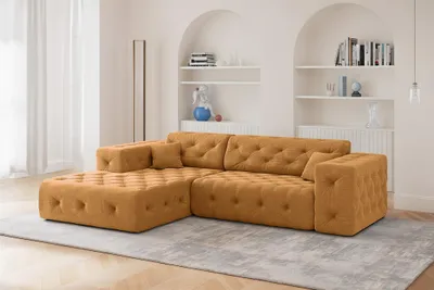 Productafbeelding van Designbank CHANTAL, hoekbank, stof Moly, kleur oranje, met ottoman aan de linkerkant