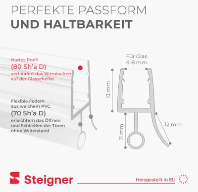 Produktbild von STEIGNER Duschtürdichtung gebogen UK08 140 cm (1 Stk.) Transparent - Duschdichtung für Runddusche oder Duschkabine Viertelkreis mit Duschtür 6-8 mm