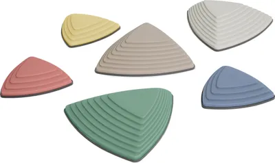 A collection of triangular stepping stones in various pastel colors, arranged on a white background.