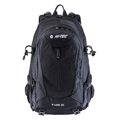 A black backpack is shown against a white background.