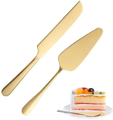 Zdjęcie produktu dla Zestaw do serwowania tortu dla nowożeńców własnej produkcji – zestaw noży – złoto – stal nierdzewna – nóż do tortu i łopatka do tortu – 2 sztuki – na ślub i urodziny