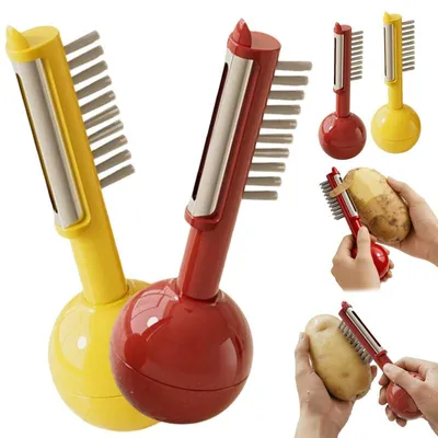Produktbild von Gemüseschäler Edelstahl 2er Set mit Bürste 3in1, Kartoffelschäler mit Standfuß & Reinigung, scharfer Obstschäler ergonomisch für Küche