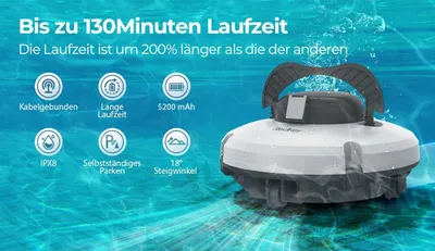 Produktbild von S100 Poolroboter - Kabelloser Akku Poolreiniger - 130 Min Laufzeit - IPX8 Wasserdicht - 5200 mAh - 180 µm Filter - Für Einbaupools 100 m²