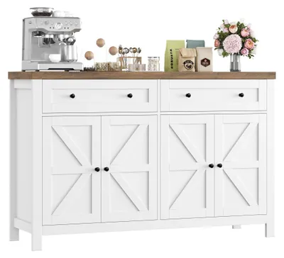 Image de Buffet de cuisine - Buffet 140 cm - Étagères réglables - 2 tiroirs et 4 portes - Structure en bois - Blanc
