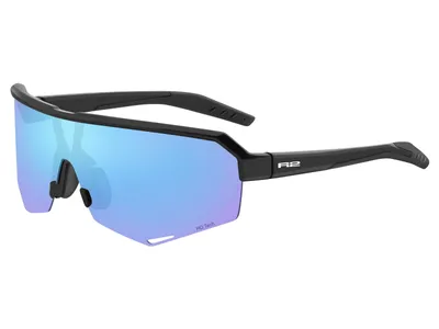 A pair of black and blue sports sunglasses with mirrored lenses, shown from a side angle on a white background.