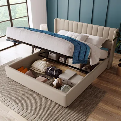 Produktbild von okwish Polsterbett Jugendbett 180x200cm, Hydraulisch Doppelbett,Lattenrost aus Holz , Stauraumbett Kopfteil mit vertikalem Streifendesign, mit Matratze, Beige
