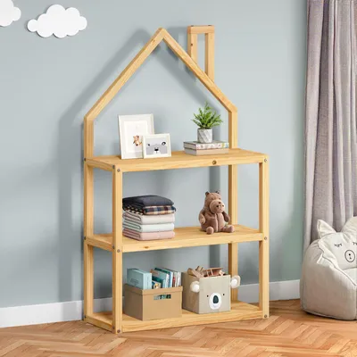 Produktbild von Kinderzimmer Regal LENISE in Hausform natur - Kinderregal, Bücherregal, massive Kiefer, 3 Ablagen mit viel Stauraum