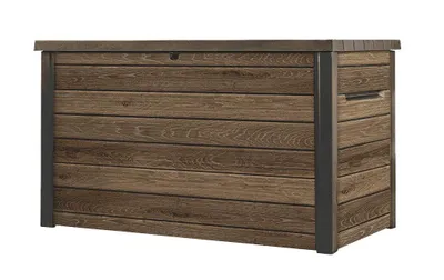 A storage box with a wood-like texture and metal frame, shown against a white background.