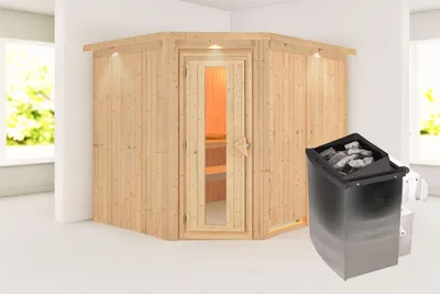 Produktbild von Karibu Sauna Innensauna Malin Eckeinstieg Ofen 9 kW integr. Strg 245x210x202 cm mit Dachkranz mit Energiespartür