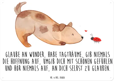 Produktbild von Mr. & Mrs. Panda Wandbild Hund Marienkäfer DIN A6 - Weiß - Geschenk, Retro Blechschild, Wunder, Sprüche, Mischlingshund, Zuversichtlich, Mischlinghund, Positiv, Schild