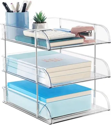 Image de Organiseur de bureau - Station de rangement empilable - Rangement de documents - Conception à 3 niveaux - Hauteur : 345 cm - Couleur claire