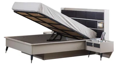 Produktbild von Graue Schlafzimmer Möbel Designer Bett 2x Nachttische Holz Schrank 4tlg