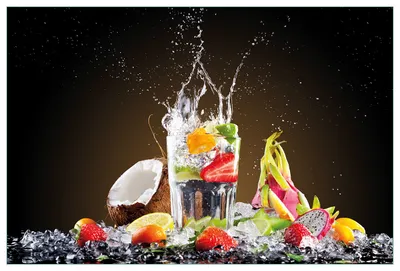 Produktbild von Wallario Küchenrückwand aus Glas, Größe: 90 x 60 cm, Motiv: Tropische Früchte in einem erfrischenden Drink | Spritzschutz | abwischbar | pflegeleicht | in