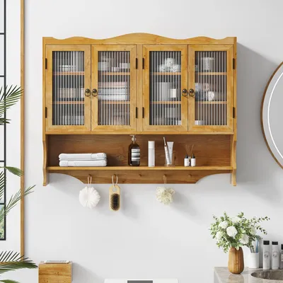 Produktbild von 100CM Retro Wandschrank 4 Türen Hängeschrank mit Haken Natur