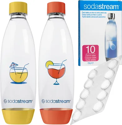 A product shot of two Sodastream bottles and a box of cleaning tablets.