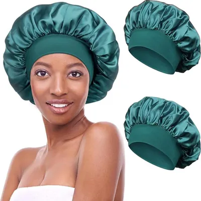 Produktbild von 2 Stück Schlafmütze Satin Bonnet Nacht Schlaf Mütze Verstellbare Schlafkappe Kopfbedeckung Weiche Kopfhaube Schlafhaube Seide mit Gummizug für Damen und Mädchen Grün