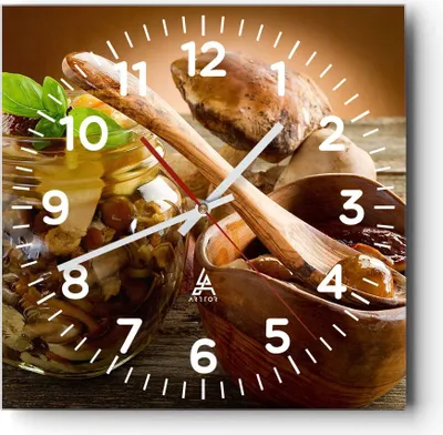Produktbild von Wanduhr - Quadrat - Glasuhr - Pilze Mahlzeit Natur Glas - 30x30cm - Schleichendes Uhrwerk - Lautlos - zum Aufhängen bereit - Dekoration Modern - Wanddekoration aus Glas - C4AC30x30-2575