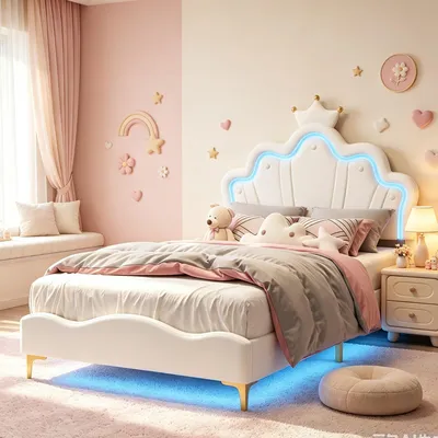 Zdjęcie produktu dla Łóżko tapicerowane INONEFT, 90x190 cm, z podświetleniem LED, łóżko typu "księżniczki" z regulowanym zagłówkiem, rama łóżka pojedynczego z listwowym materacem, łóżko dziecięce dla dziewczynek, materiał: PU, kolor: biały