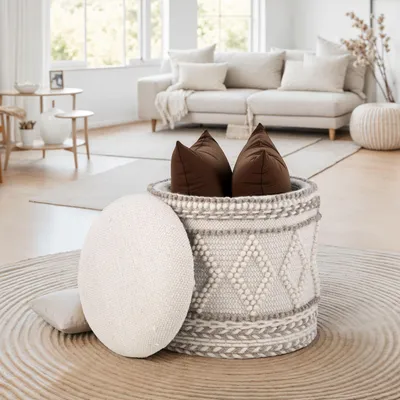Produktbild von FineBuy Sitzhocker mit Stauraum – Ø 40 x H 45 cm – runder Aufbewahrungshocker aus Stoff mit Boho – gepolsterter Fußhocker Beistellhocker ideal