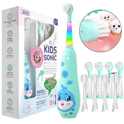 Produktbild von Elektrische Kinderzahnbürste, wasserdichte Schallzahnbürste mit LED-Licht, Timer, wiederaufladbar, 8 weiche Bürstenköpfe, IPX7, für Kinder 0–6 Jahre