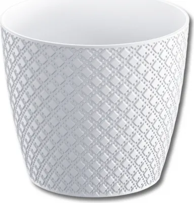 A white textured plant pot is shown against a white background.