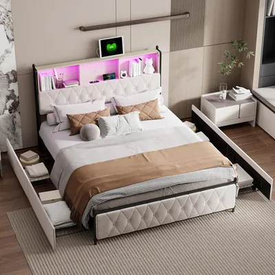 Image de Lit LED - Lit double rembourré - 4 tiroirs - Tête de lit avec espace de rangement - Sommier à lattes - Velours beige - 160 x 200 cm