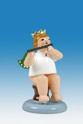 Produktbild von Holzfigur Engel sitzend mit Querflöte und Krone Höhe 6cm NEU