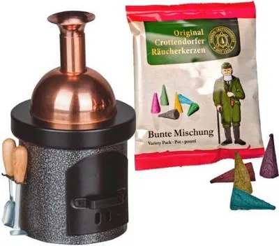 Produktbild von Crottendorfer Räucherofen - Braukessel 13cm in schwarz, inkl. 5 Räucherkerzen "Tannenduft"