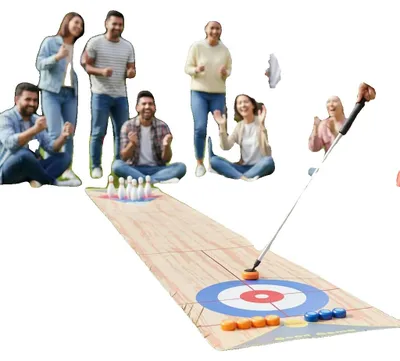 Obrázek produktu pro Stolní curlingová hra, materiál: textilie, rozměry herní plochy: 3,6 x 0,57 m, rozměry puku: 67 cm, rozměry šuplíku: 4,6 x 2 cm, počet hráčů: 1-8