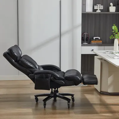 Produktbild von Ergonomischer Bürostuhl – Chefsessel mit Massage- und Heizfunktion, Kunstleder, Fußstütze, Liegefunktion 90°–150°, Drehstuhl bis 150 kg, Schwarz