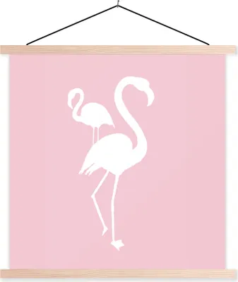 Produktbild von MuchoWow® Textilposter Flamingo - Weiß - Illustration 120x120 cm mit holzfarbenen Rahmen - Textil-Poster