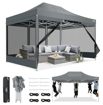Produktbild von Faltpavillon 3x4,5 m mit Moskitonetz, wasserdicht, UV-Schutz 50+, 3-fach höhenverstellbar, 4 Seitenwände, 420D Oxford-Gewebe, Grau